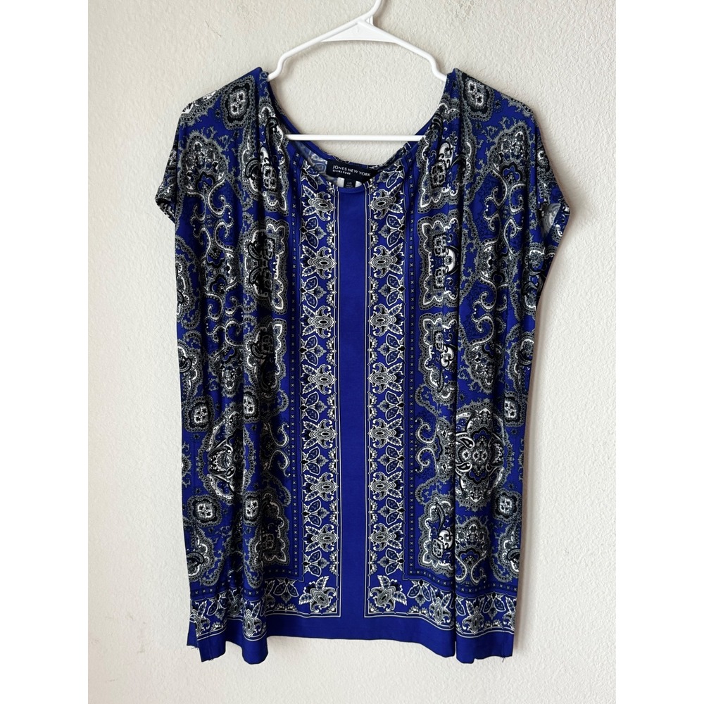 Jones New York Signature Blue Paisley Border Print Scoop Neck Blouse Large